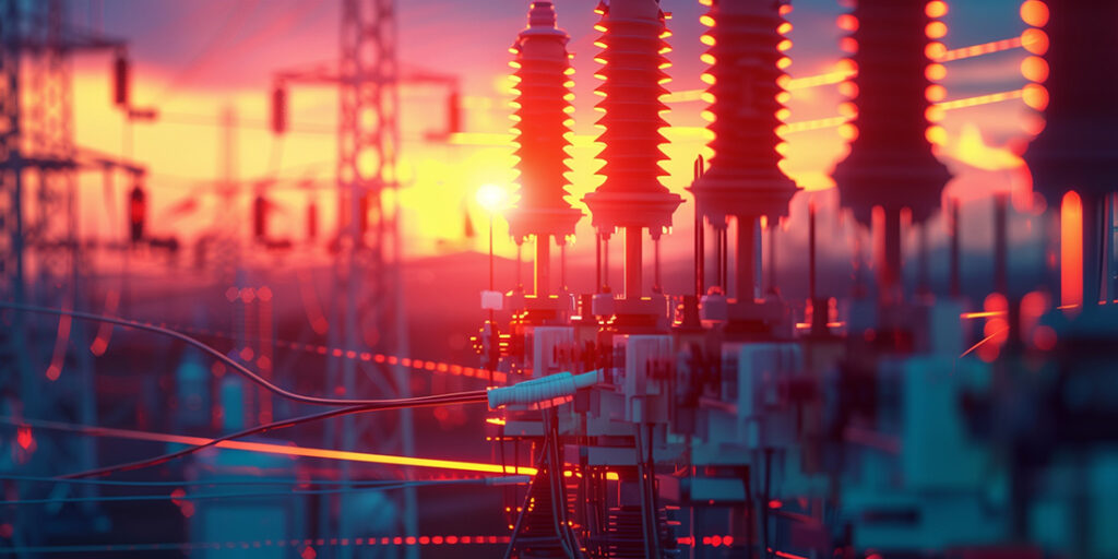 The image displays a detailed close-up of switchgear and transmission towers against a vivid sky, symbolizing energy infrastructure and power distribution.