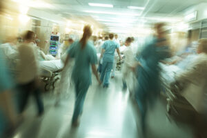 Elevating Healthcare Emergency Preparedness Exercises with Realistic Patient Simulation Emergency room: A busy and dynamic scene in the hospital emergency room, with doctors, nurses, and patients in action, highlighting the urgency and critical care environment.